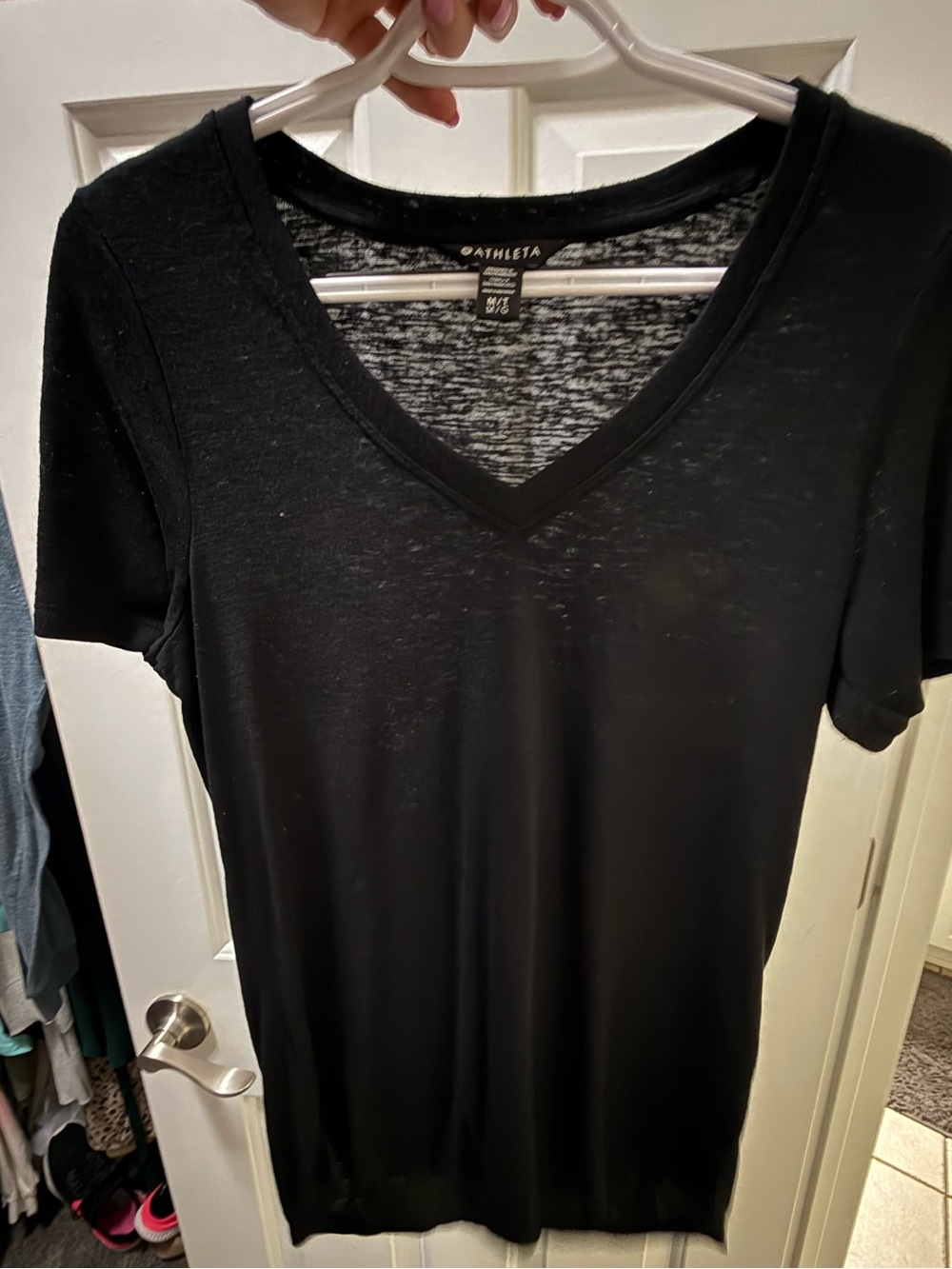 Athleta BREEZY Black V-Neck Short Sleeve Top, Medium Tall